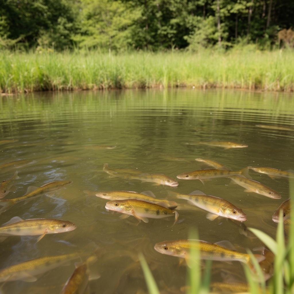 Natural outdoor pond with yellow perch raised in Wisconsin aquaculture